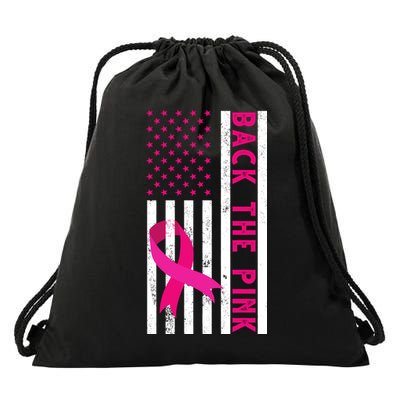 Back The Pink American Flag Pink Ribbon Breast Cancer Drawstring Bag
