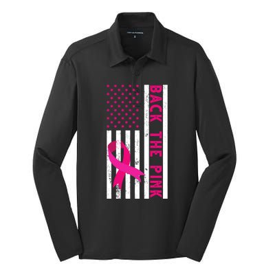 Back The Pink American Flag Pink Ribbon Breast Cancer Silk Touch Performance Long Sleeve Polo