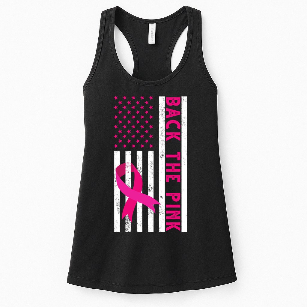 Back The Pink American Flag Pink Ribbon Breast Cancer Womens Tank Top