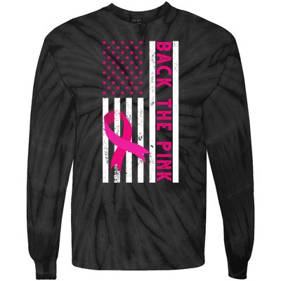 Back The Pink American Flag Pink Ribbon Breast Cancer Tie-Dye Long Sleeve Shirt