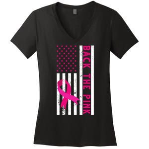 Back The Pink American Flag Pink Ribbon Breast Cancer Women's V-Neck T-Shirt