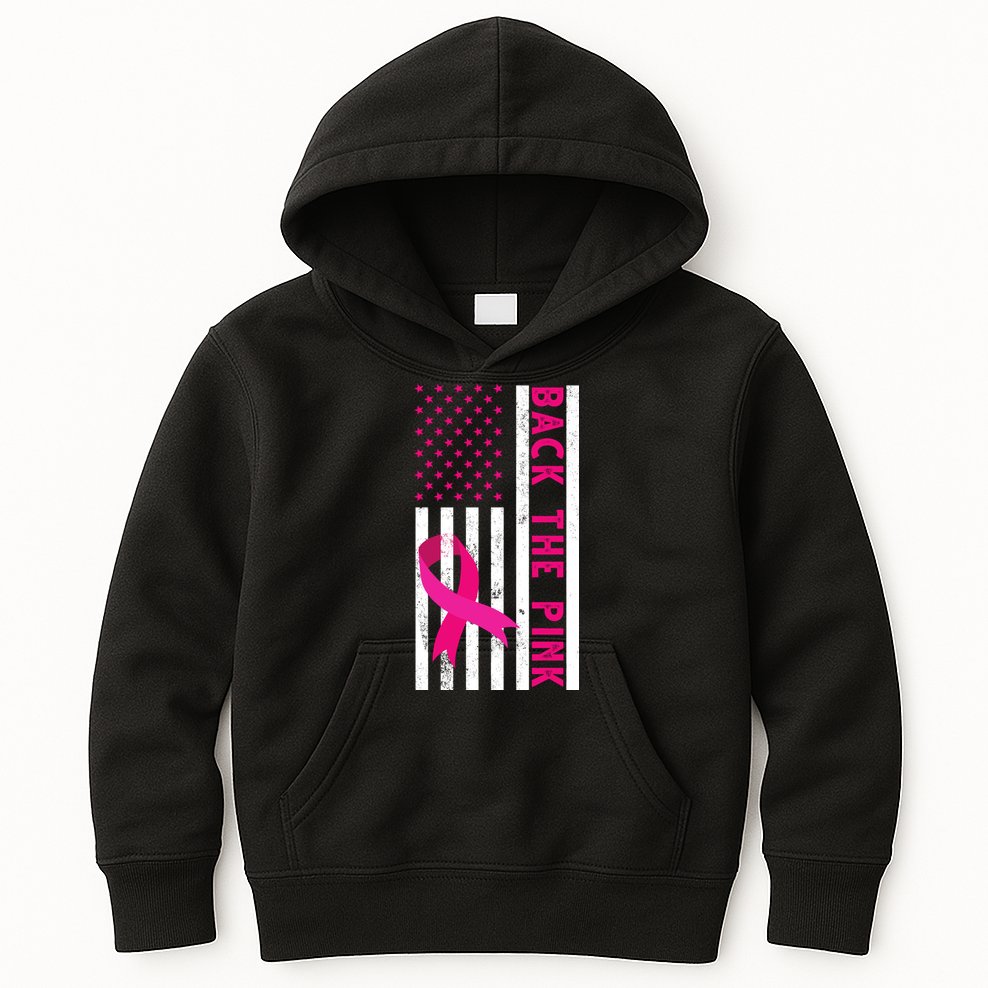 Back The Pink American Flag Pink Ribbon Breast Cancer Kids Hoodie