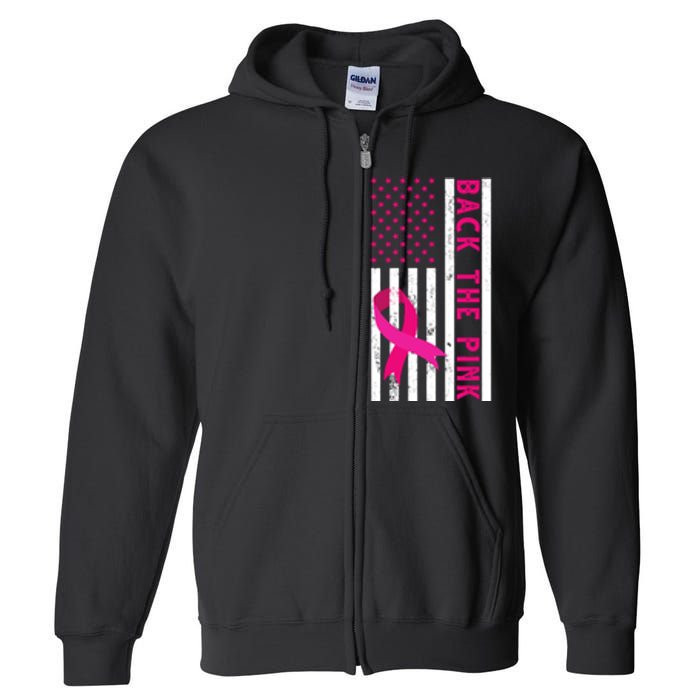 Back The Pink American Flag Pink Ribbon Breast Cancer Full Zip Hoodie