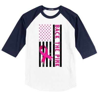 Back The Pink American Flag Pink Ribbon Breast Cancer Baseball Sleeve Shirt