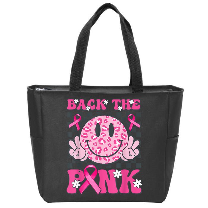 Back The Pink Smile Face Pink Breast Cancer Awareness Groovy Zip Tote Bag