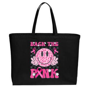 Back The Pink Smile Face Pink Breast Cancer Awareness Groovy Cotton Canvas Jumbo Tote