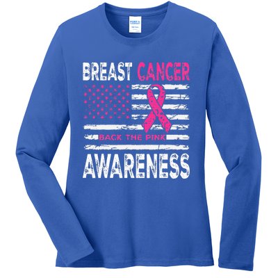 Back The Pink Ribbon American Flag Breast Cancer Awareness Ladies Long Sleeve Shirt