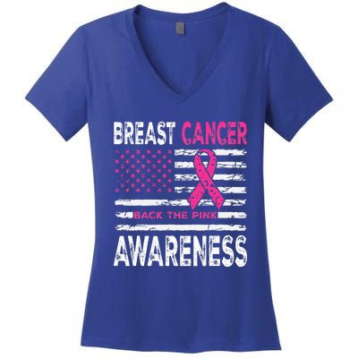 Back The Pink Ribbon American Flag Breast Cancer Awareness Women's V-Neck T-Shirt