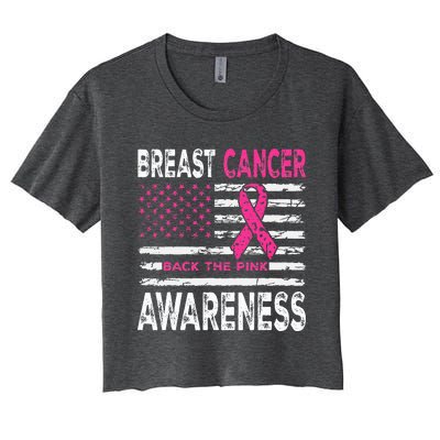 Back The Pink Ribbon American Flag Breast Cancer Awareness Women's Crop Top Tee