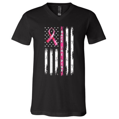 Back The Pink Ribbon American Flag Breast Cancer Awareness V-Neck T-Shirt