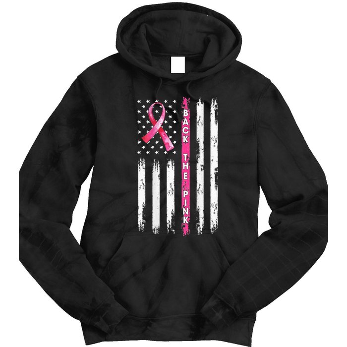 Back The Pink Ribbon American Flag Breast Cancer Awareness Tie Dye Hoodie