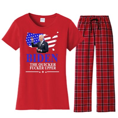 Biden The Quicker Fucker Upper American Flag Design Women's Flannel Pajama Set