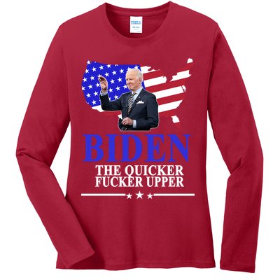 Biden The Quicker Fucker Upper American Flag Design Ladies Long Sleeve Shirt