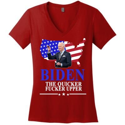 Biden The Quicker Fucker Upper American Flag Design Women's V-Neck T-Shirt