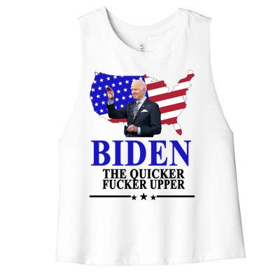 Biden The Quicker Fucker Upper American Flag Design Women's Racerback Cropped Tank