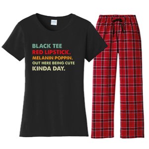 Black Tee Red Lipstick Melanin Poppin Out Here Being Cute Women's Flannel Pajama Set