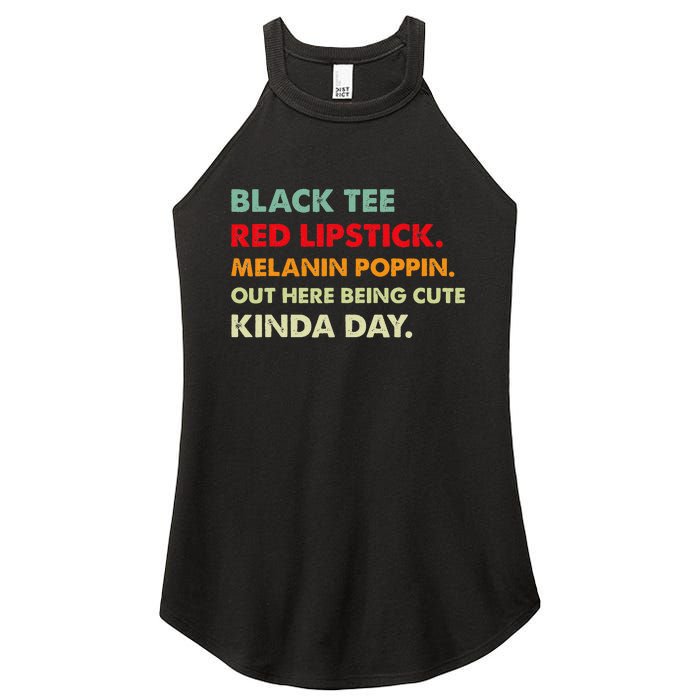 Black Tee Red Lipstick Melanin Poppin Out Here Being Cute Women's Perfect Tri Rocker Tank