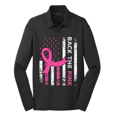 Back The Ribbon American Flag Breast Cancer Awareness Silk Touch Performance Long Sleeve Polo