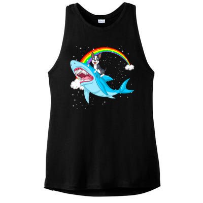 Boston Terrier Riding Shark Ladies PosiCharge Tri-Blend Wicking Tank