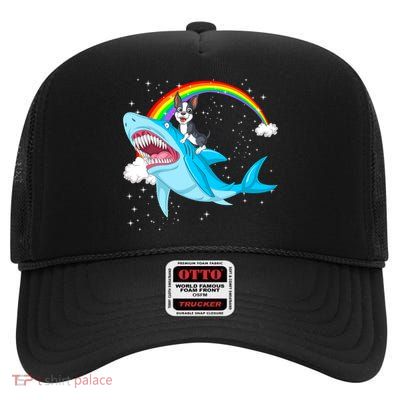 Boston Terrier Riding Shark High Crown Mesh Back Trucker Hat
