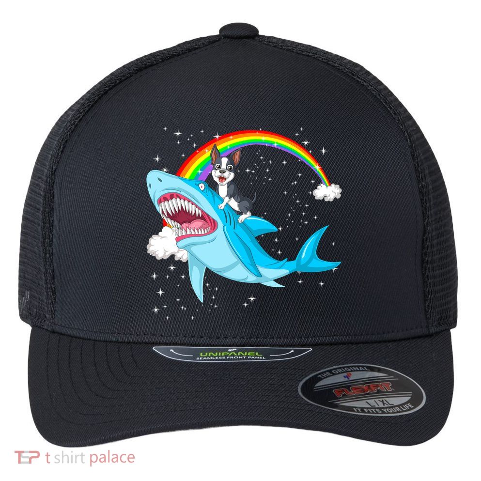 Boston Terrier Riding Shark Flexfit Unipanel Trucker Cap
