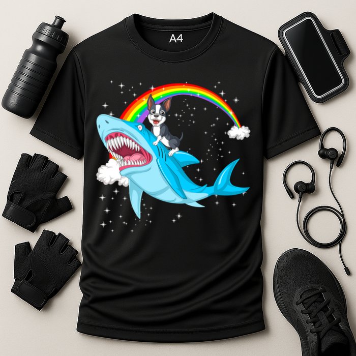 Boston Terrier Riding Shark Cooling Performance Crew T-Shirt