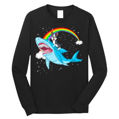 Boston Terrier Riding Shark Long Sleeve Shirt