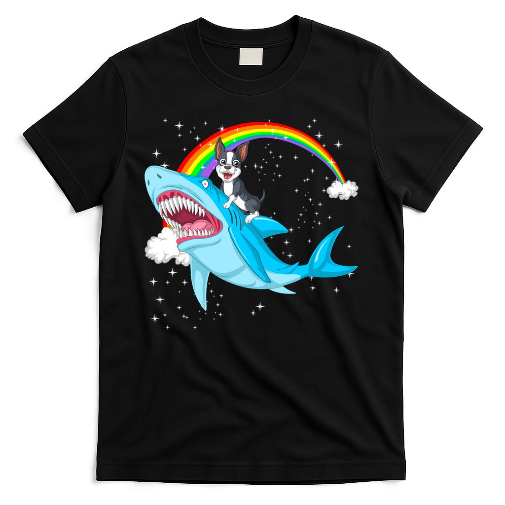 Boston Terrier Riding Shark T-Shirt