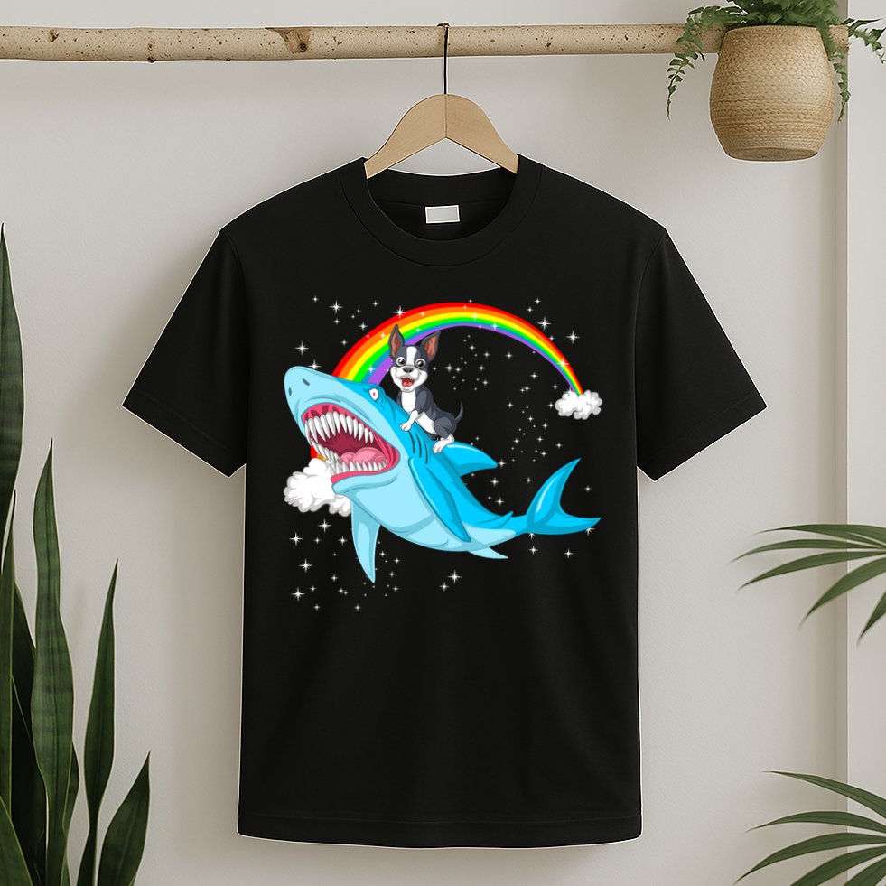 Boston Terrier Riding Shark T-Shirt