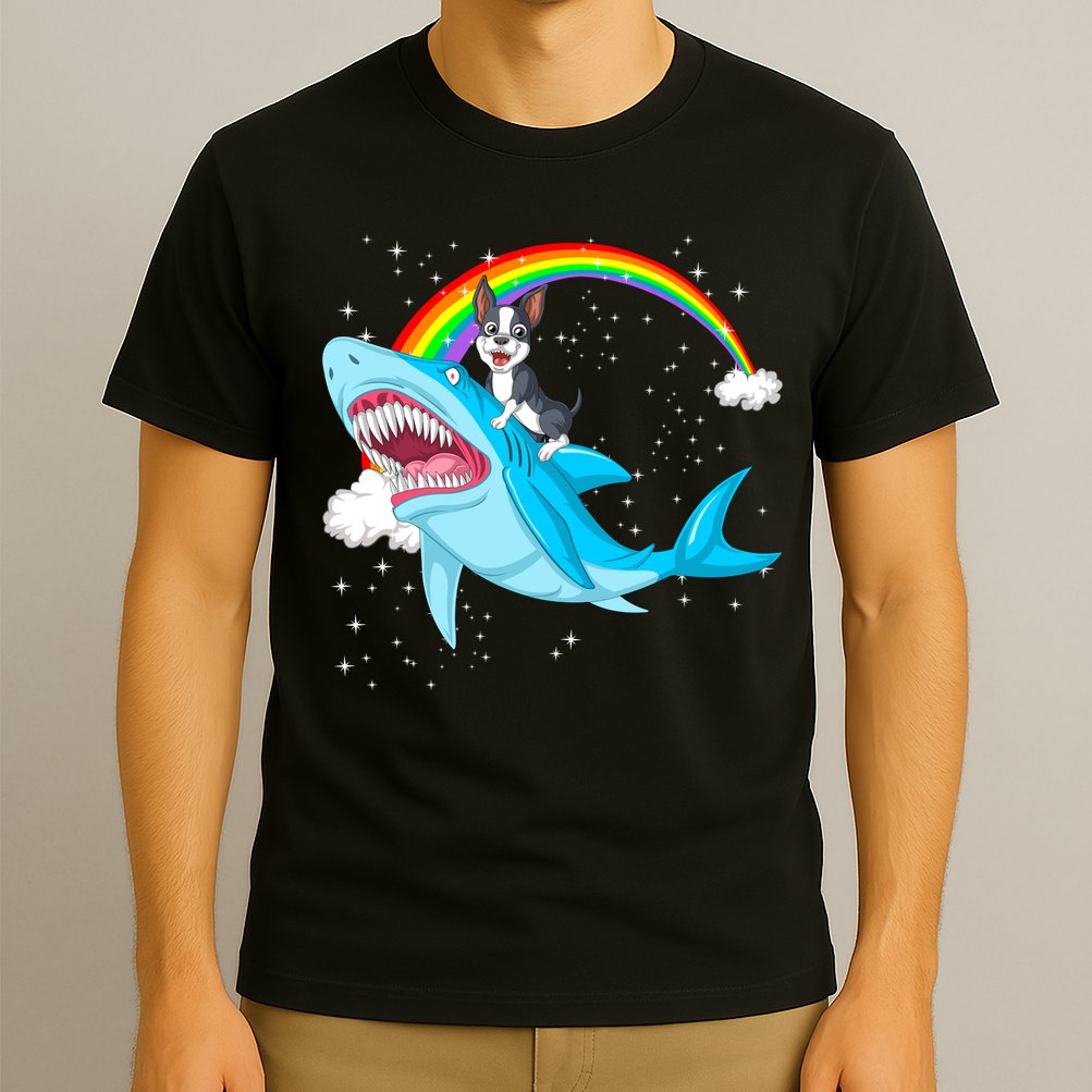 Boston Terrier Riding Shark T-Shirt