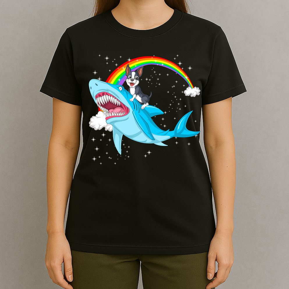Boston Terrier Riding Shark T-Shirt