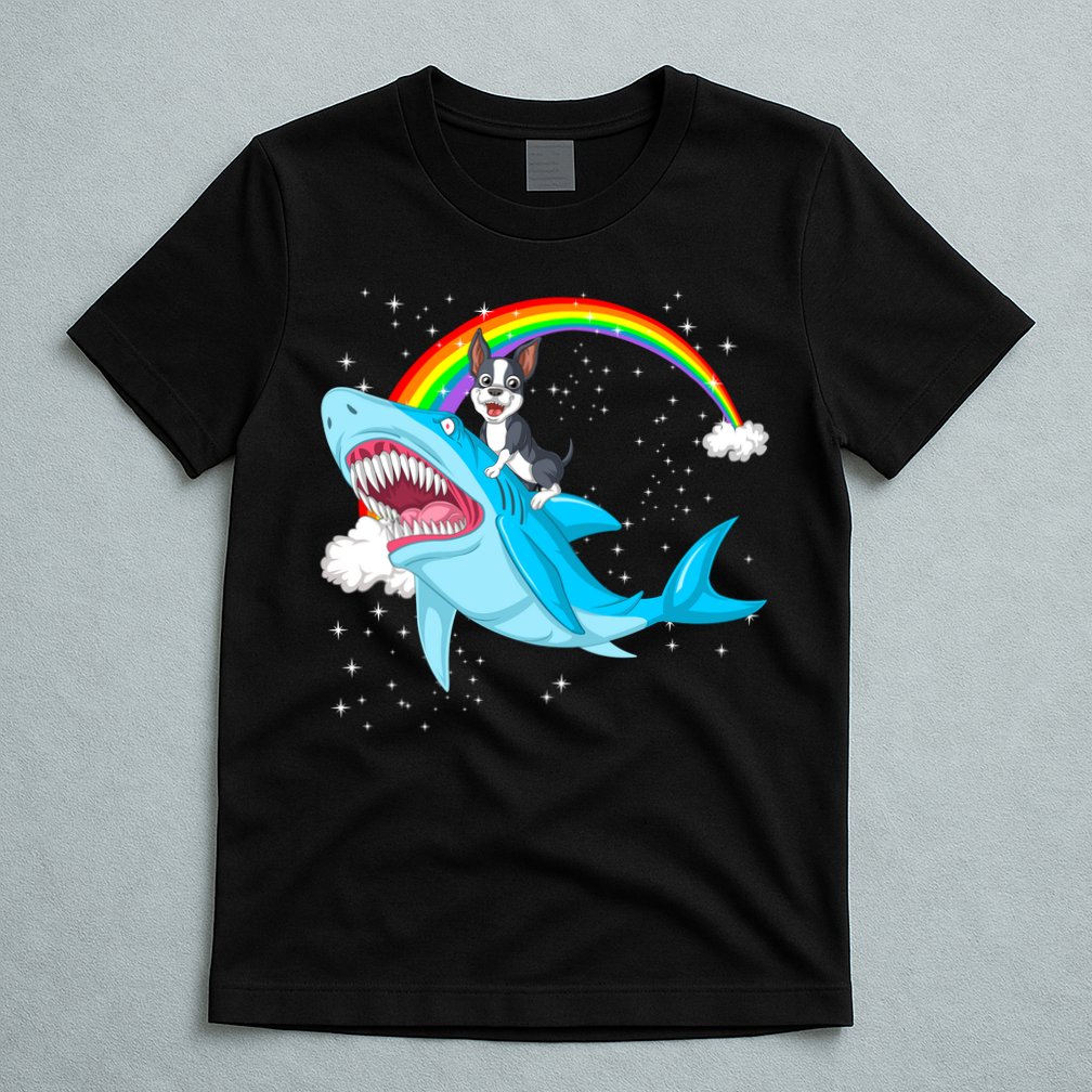 Boston Terrier Riding Shark T-Shirt