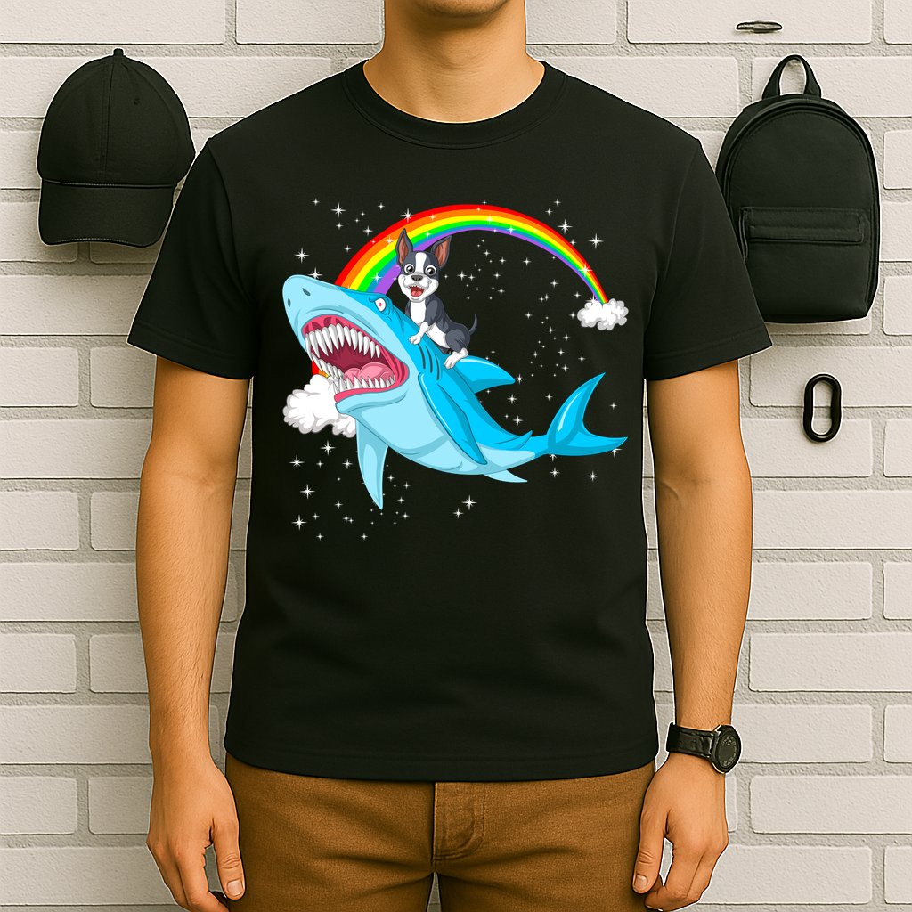 Boston Terrier Riding Shark T-Shirt