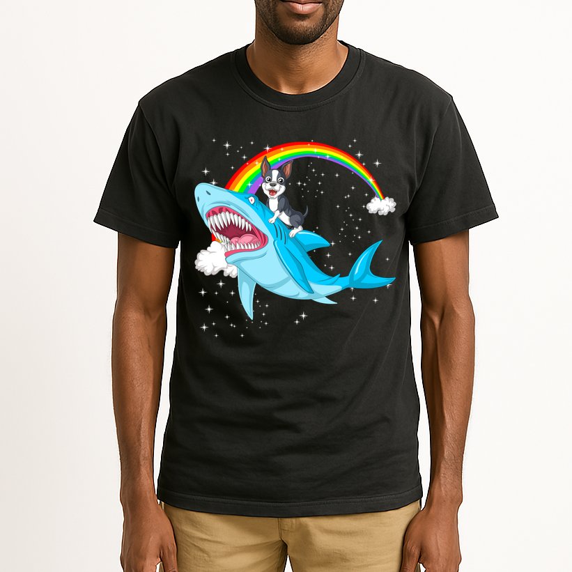 Boston Terrier Riding Shark Tall T-Shirt