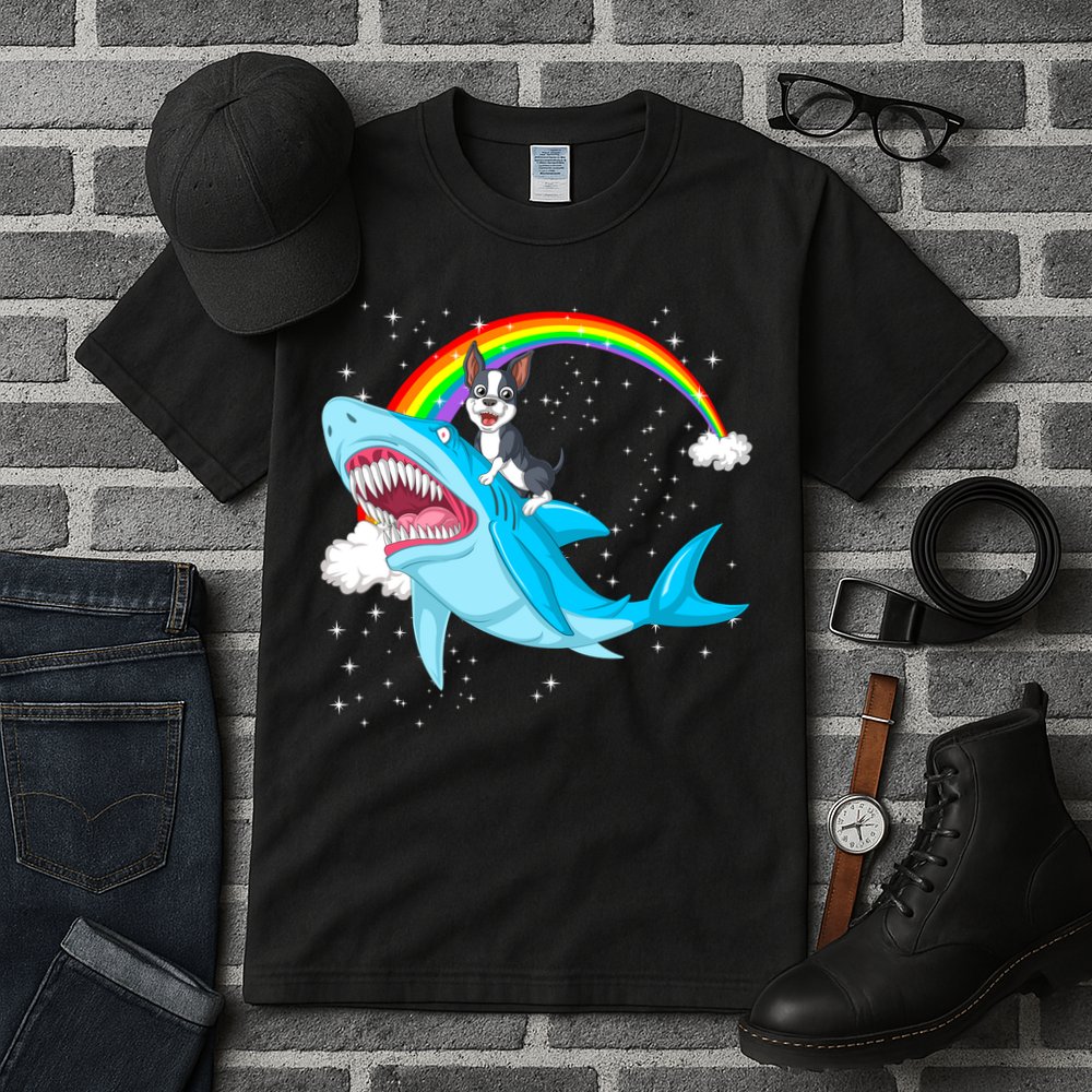 Boston Terrier Riding Shark Tall T-Shirt