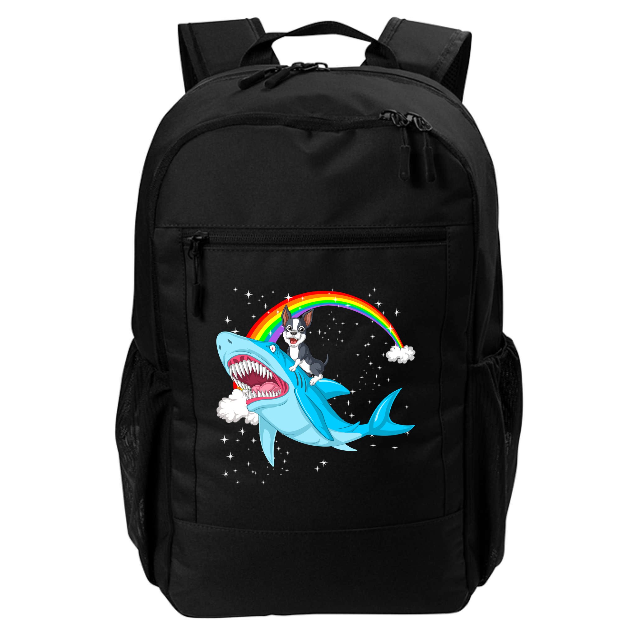 Boston Terrier Riding Shark Backpack