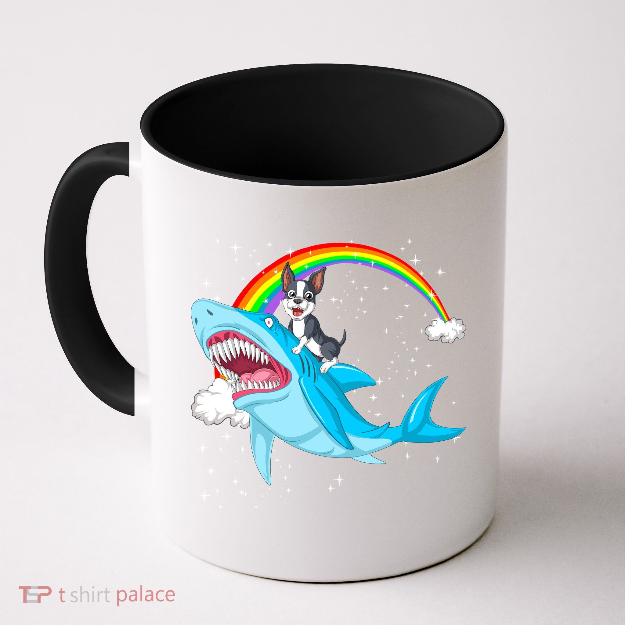 Boston Terrier Riding Shark Mug