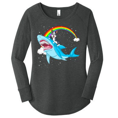 Boston Terrier Riding Shark Women's Perfect Tri Tunic Long Sleeve Shirt