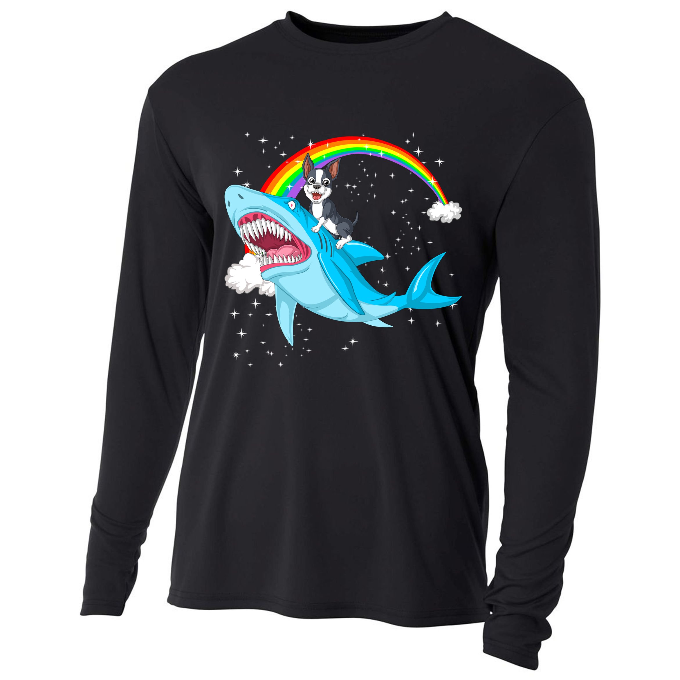Boston Terrier Riding Shark Cooling Performance Long Sleeve Crew