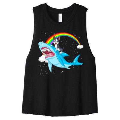 Boston Terrier Riding Shark Women's Racerback Cropped Tank