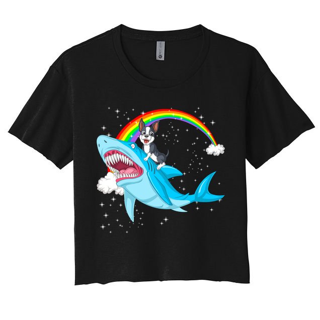 Boston Terrier Riding Shark Crop Top