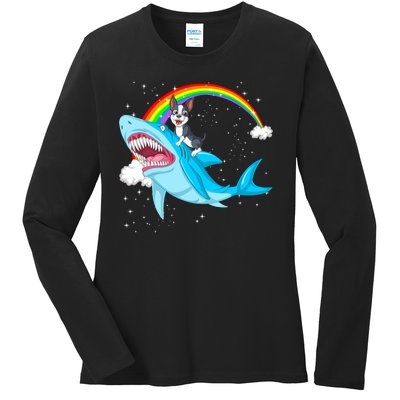 Boston Terrier Riding Shark Ladies Long Sleeve Shirt