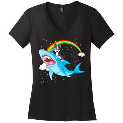 Boston Terrier Riding Shark Women's V-Neck T-Shirt