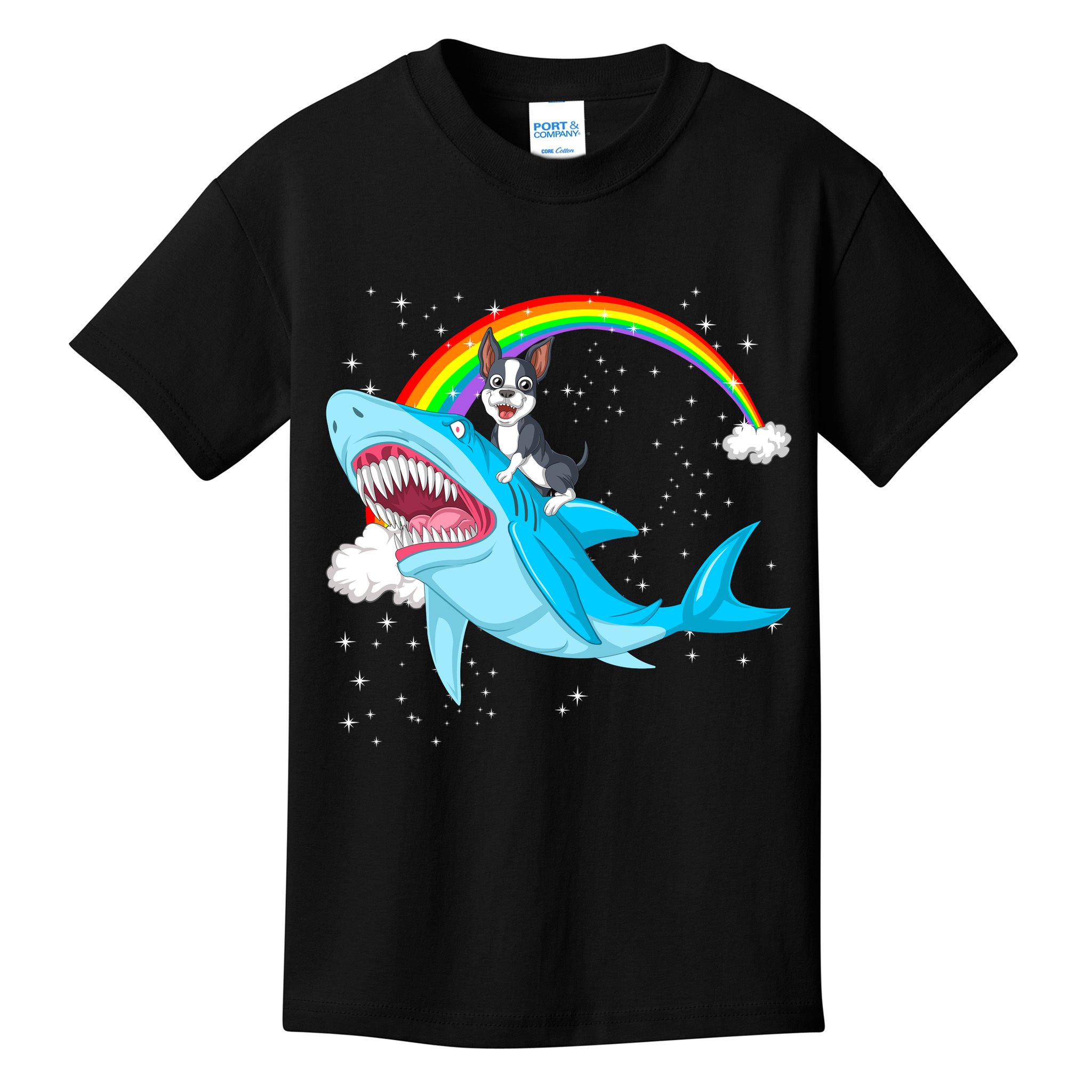 Boston Terrier Riding Shark Kids T-Shirt