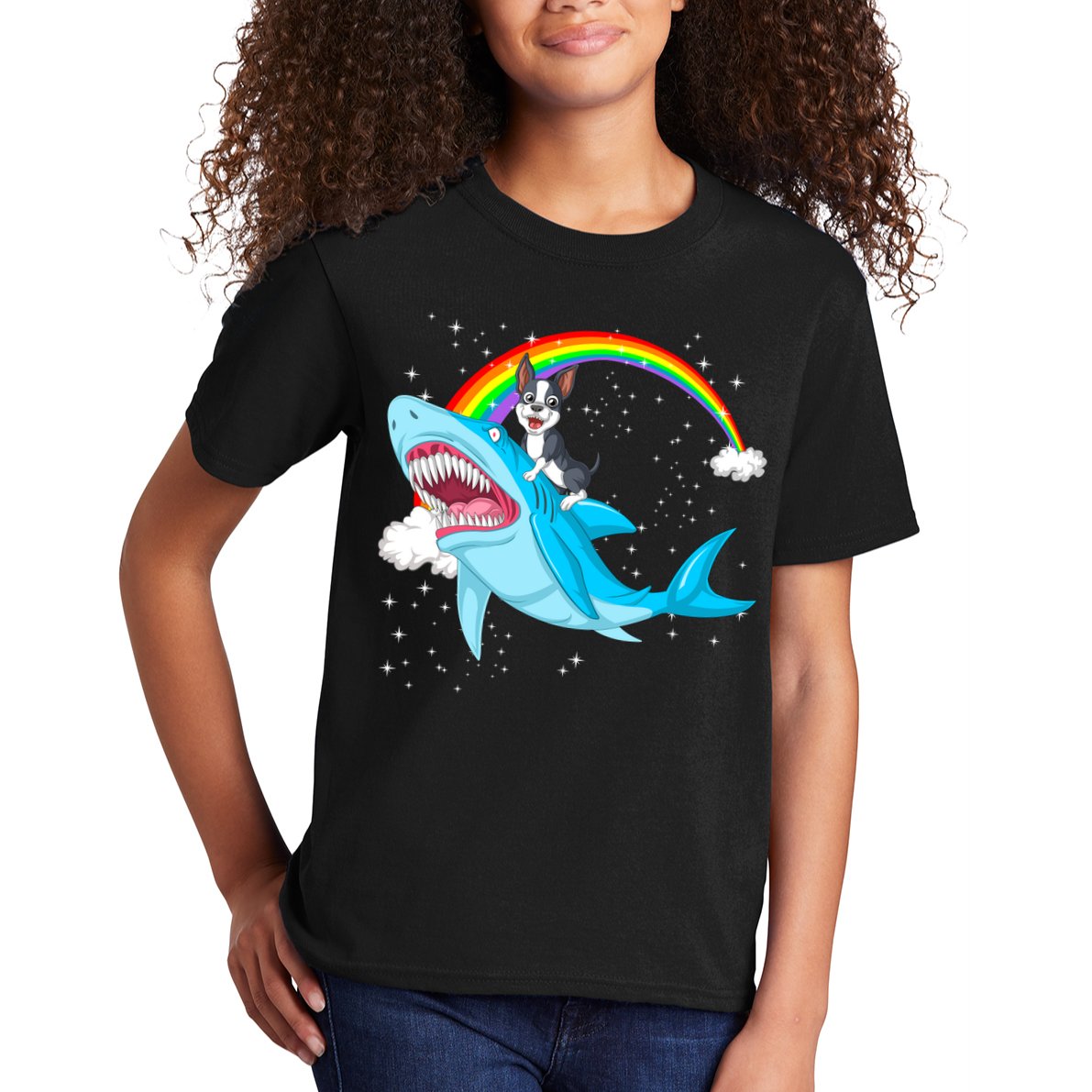 Boston Terrier Riding Shark Kids T-Shirt