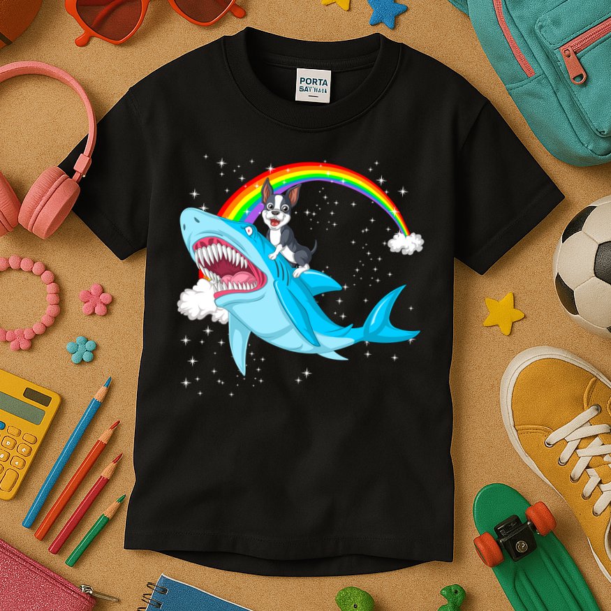 Boston Terrier Riding Shark Kids T-Shirt