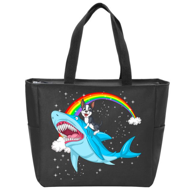 Boston Terrier Riding Shark Zip Tote Bag