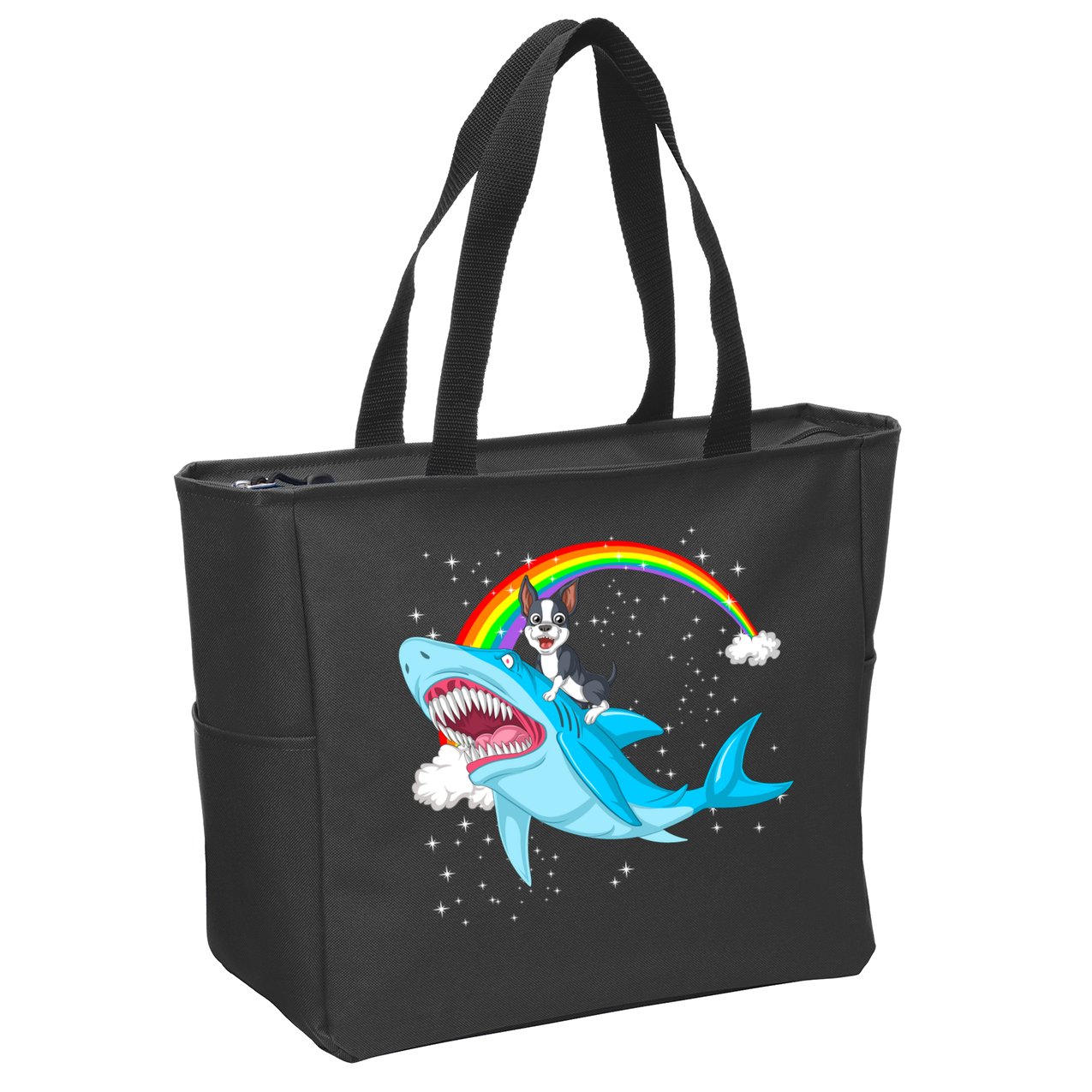 Boston Terrier Riding Shark Zip Tote Bag