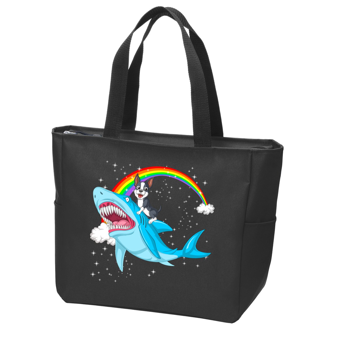 Boston Terrier Riding Shark Zip Tote Bag