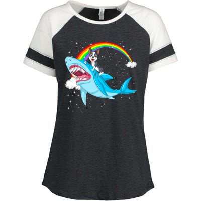 Boston Terrier Riding Shark Enza Ladies Jersey Colorblock Tee